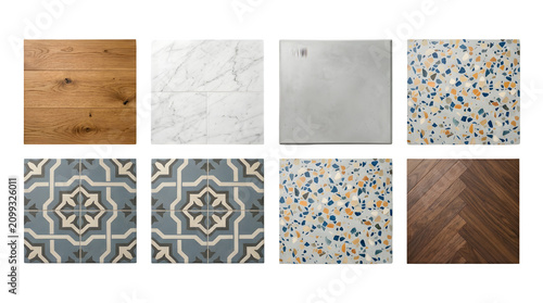 Assortment of flooring and surface material samples tile and wood textures