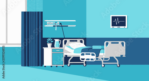 Hospital Room Interior Illustration Of Bed, Monitor, and Decor With Blue And White Accents