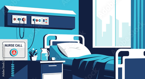 Hospital Room Interior Illustration Of Bed, Nurse Call, and Medical Equipment.