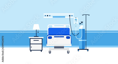 Hospital Room Interior Illustration Of Bed, Oxygen, and Medical Equipment In Blue Tones
