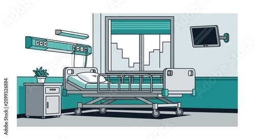 Hospital Room Interior Illustration Of Bed, Monitor, And Plant, With Modern Style