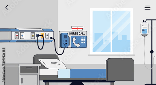 Hospital Room Interior Illustration Of Bed, Nurse Call, And Medical Equipment Illustration
