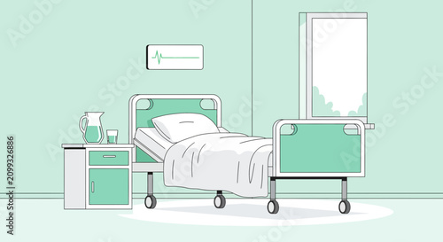 Hospital Room Interior Illustration Of Bed, Window, And Medical Equipment In Vector