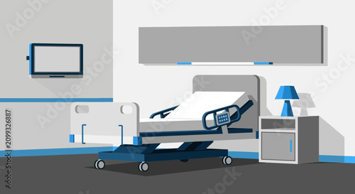 Hospital Room Interior Illustration Of Bed, Television And Lamp In Modern Digital Flat Design