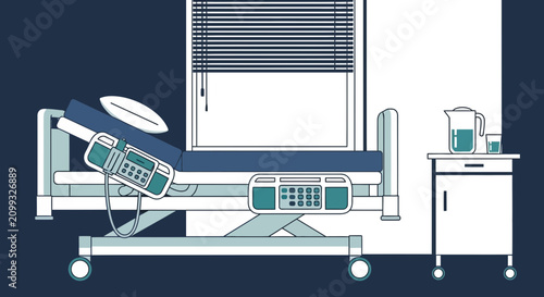 Hospital Room Interior Illustration Of Bed, Equipment, and Window with a Nightstand Present