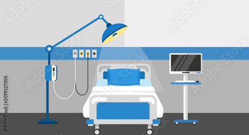 Hospital Room Interior Illustration Of Bed, Lamp, Monitor, Health Care Treatment, And Recovery.
