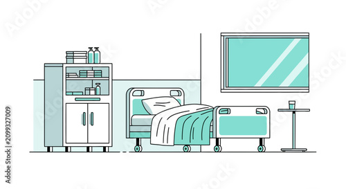 Hospital Room Interior Illustration Of Bedside Cabinet, Bed, Window Perspective View