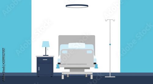 Hospital Room Interior Illustration Of Bed, Lamp, And Medical Supplies, Minimal Vector Design