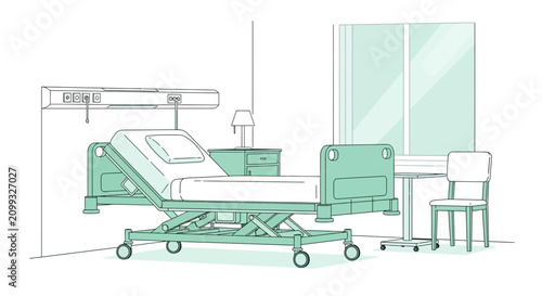 Hospital Room Interior Illustration Of Bed, Lamp, Table, Window, And A Chair in Sketch Style