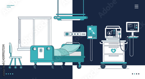 Hospital Room Interior Illustration Of Bed, Equipment, And Medical Monitoring For Patients