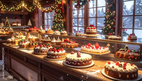A bakery display case filled with assorted Christmas desserts and cakes