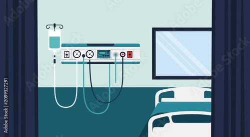 Hospital Room Interior Illustration Of Bed, Medical Equipment, Window and Curtains