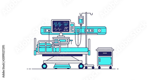 Hospital Room Interior Illustration Of Bed, Monitor and Medical Equipment In Line Art Style