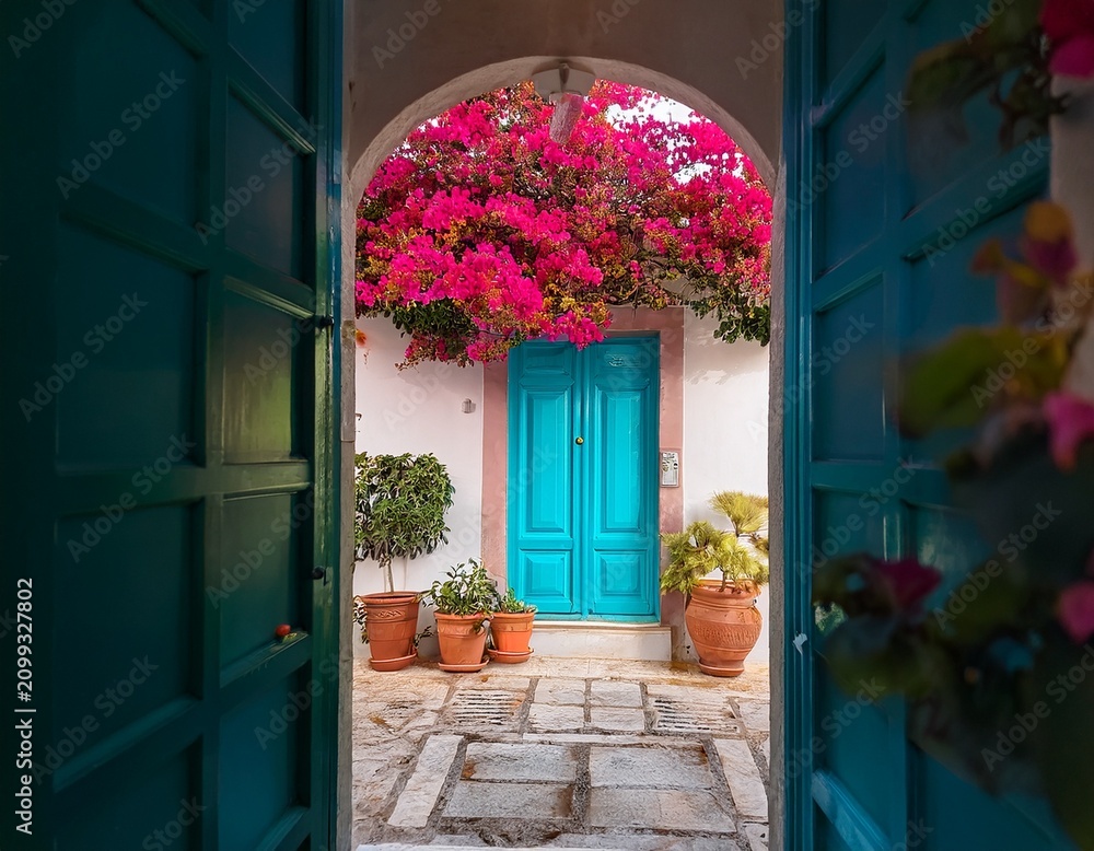 Fototapeta premium colorful building exterior teal door vibrant bougainvillea potted plants mediterranean style home decor