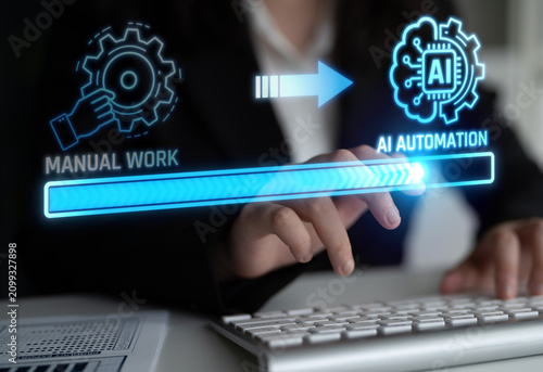 Obraz na płótnie Business Concept of Transitioning from Manual Work to AI Automation with Gears and Digital Interface Depicting Future Technology in the Workspace