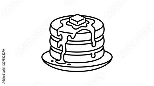 Schilderij op canvas Black and white line art illustration of a stack of pancakes with butter and syrup