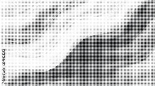 Abstract background with flowing halftone dot waves in monochrome gray for professional graphic design and art projects.