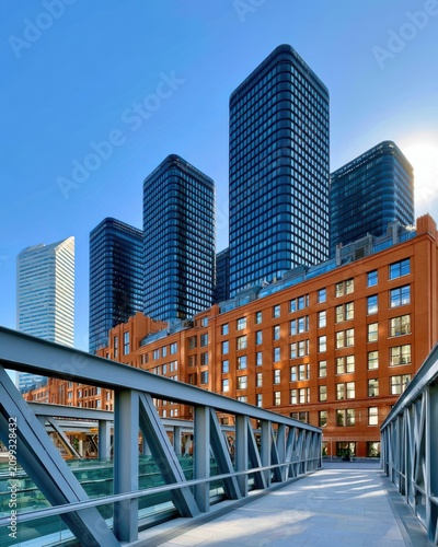 Dynamic urban scene with glass skyscrapers, brick office building and pedestrian bridge in blue light