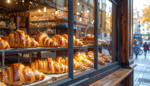 A bakery window display showcases golden-brown croissants on a sunny day