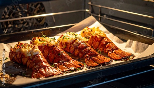 A baking sheet with four lobster tails in an oven