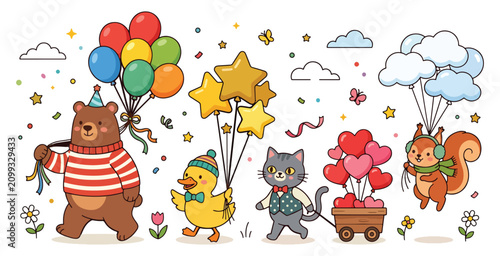 Charming animal celebration march featuring bear and cat with duck and squirrel flying on clouds.