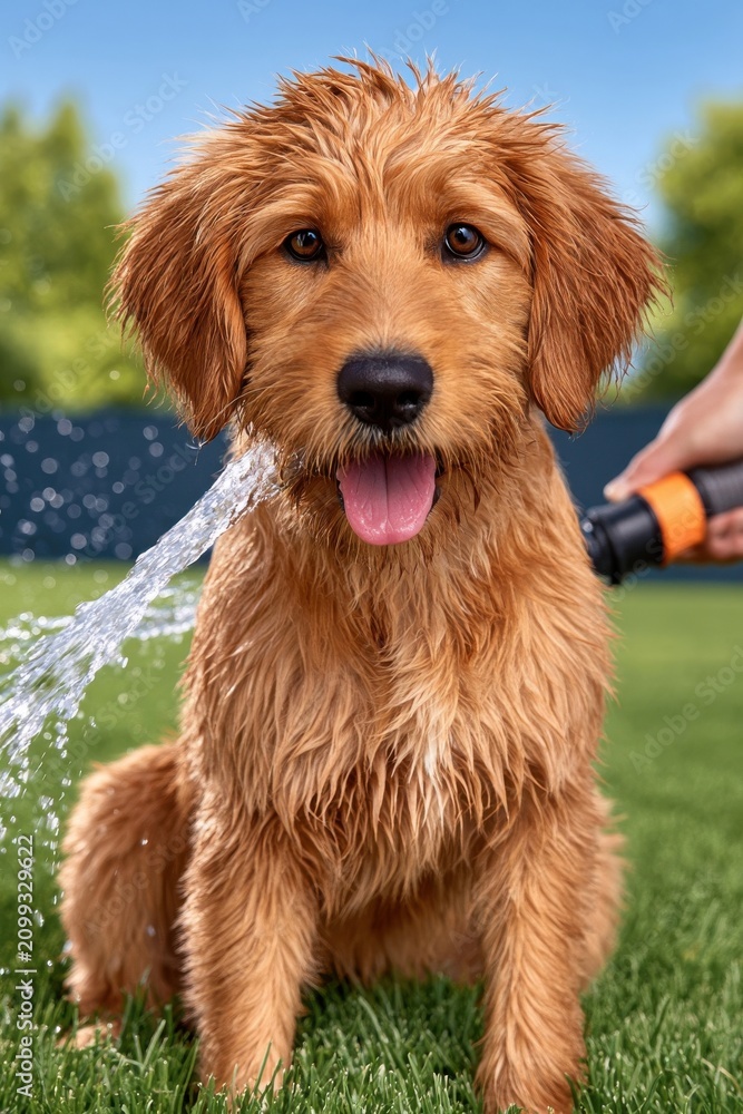 Obraz premium Golden doodle puppy enjoying a backyard bath with hose and wet fur, playful summer moment