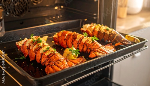 A baking tray with lobster tails in an oven