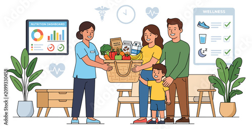 Nutritionist giving healthy grocery basket to happy family of parents and child at medical clinic.