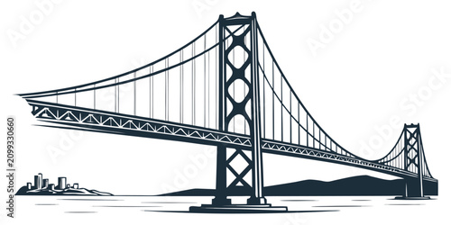 Bridge spans across a wide body of water with a distant city skyline visible on the horizon under a clear sky.
