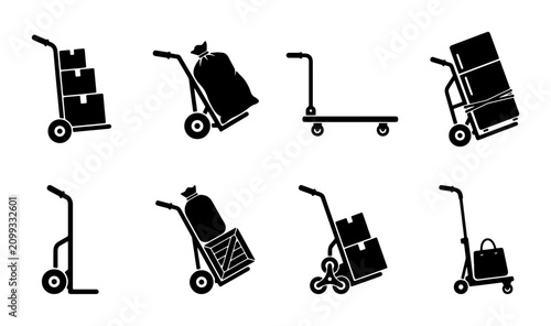 Fotografie Hand Truck Icons Set, Dolly Cart Collection, Logistics Equipment Vector Graphics