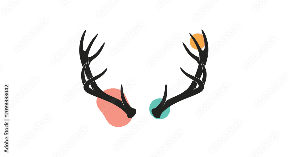 Obraz premium Elegant black outline deer antlers combined with colorful organic background blots for a modern look.