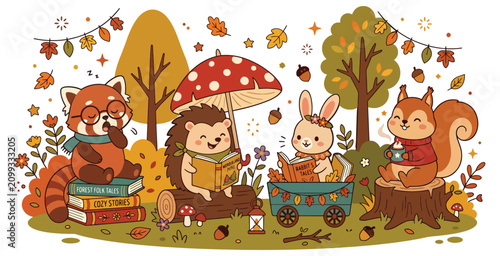 Cute forest animals reading books and drinking hot beverage in cozy autumn season woodland setting.