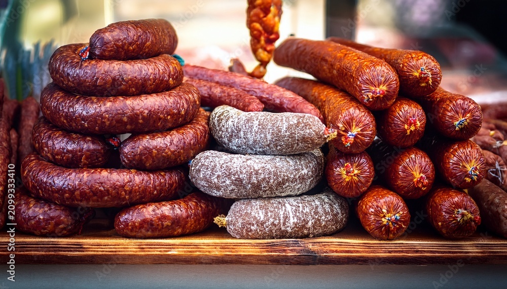Fototapeta premium smoked sausage links and salami on market stall