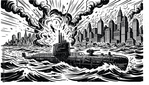 Canvas-taulu Military Submarine Firing Missiles under Enemy Attack with Big Bomb Explosion an