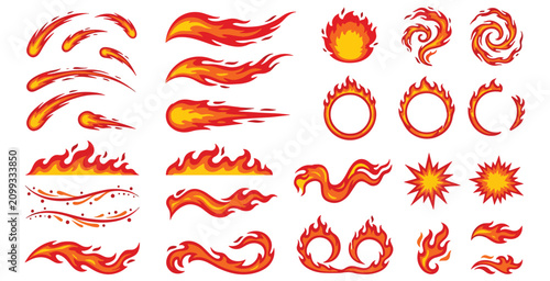 Collection of various fire elements with flames sparks and explosions in cartoon vector art style.