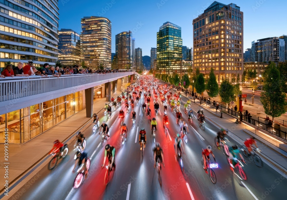 Obraz premium Mass night cycling event through downtown city streets with crowds and illuminated bikes