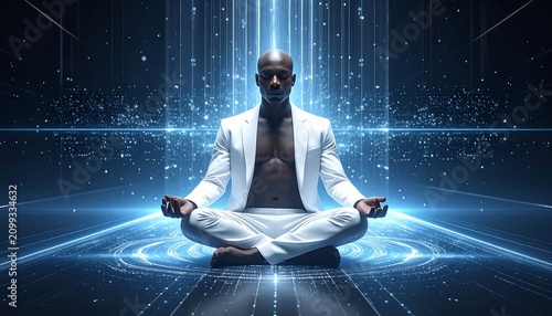 A bald man in a white suit meditates in a lotus position on a glowing blue platform