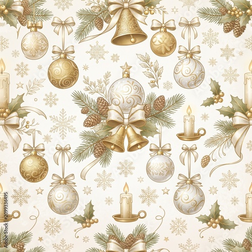 Christmas ornament pattern with bells candles and pine branches golden tones