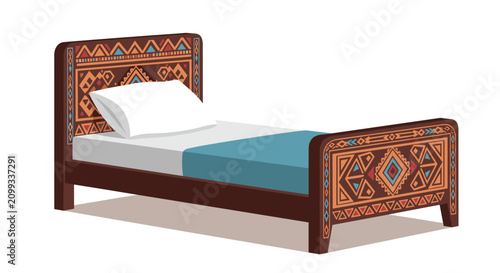 Cozy wooden single bed decorated with traditional geometric tribal patterns on headboard and footboard.