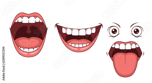 Set of three cartoon mouth expressions showing wide grin with teeth, deep throat, and shocked face with tongue.