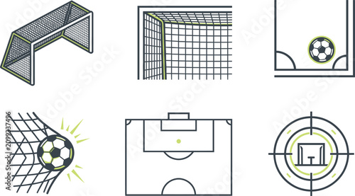 Konstfotografi Soccer football goal and field layout icon set in modern line art style featuring net, ball scoring, corner kick, pitch tactics, and target views
