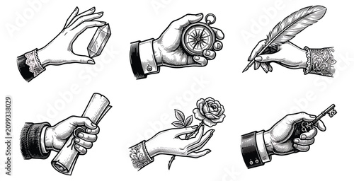 Elegant hand holding crystal, compass, quill, scroll, rose, and key for vintage concepts.