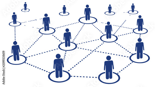 A network of people standing on circles connected by dotted lines.