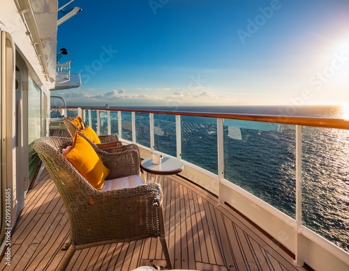 a close up view of a cruise ship balcony with plush chairs a table and stunning ocean views stretching to the horizon