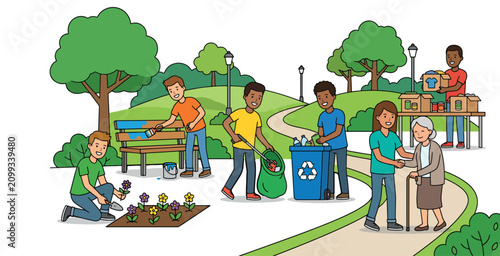Group of volunteers cleaning park, planting flowers, and helping elderly woman.