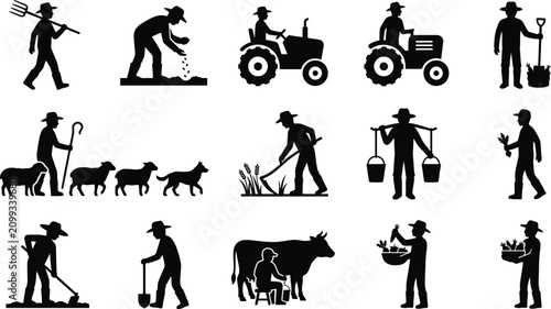 Obraz na płótnie Farmer black silhouettes set featuring agricultural workers driving tractors milking cows herding sheep sowing seeds and harvesting vegetables vector illustration templates
