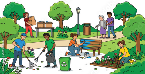 Diverse group of people volunteering in park, cleaning, gardening, and helping others.