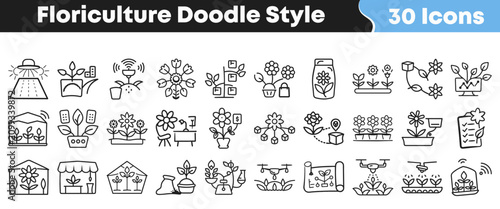 Foto Set of black and white floriculture doodle style vector icons
