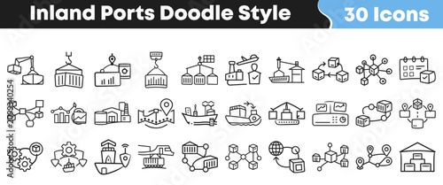 Photos Set of thirty hand drawn inland port and logistics icons
