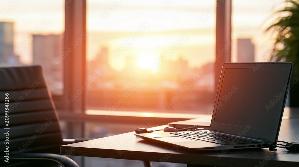Fototapeta premium Laptop on office desk with city sunset view